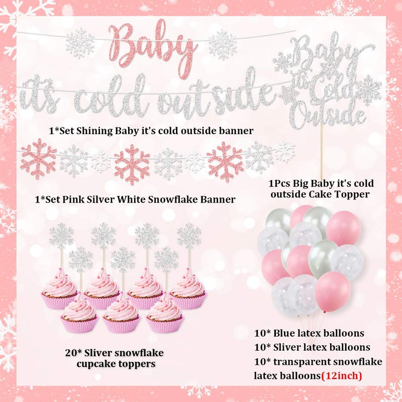 K KUMEED Baby Itâ€™s Cold Outside Party Decorations, Banner, Snowflake Balloons, Garland for Winter Wonderland Baby Shower, Christmas, Winter Birthday Party Supplies, Silver (Pink) - Image 2